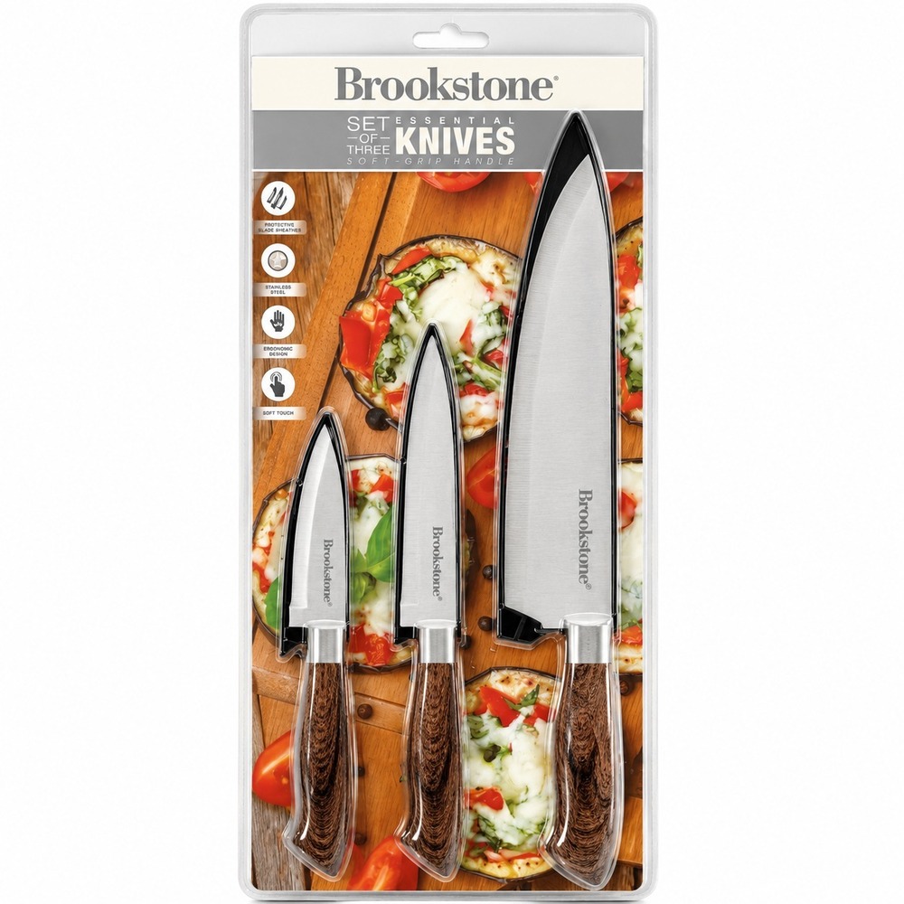 Brookstone 3 Pc Kitchen Knife Set Stainless Steel Chef Utility Paring Knives NEW